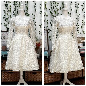 Vintage 60s White Lace Tea Dress Bridal Wedding Lorrie Deb Mod Party XS/S